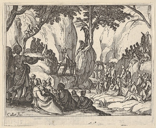 Jacques Callot, Saint John Preaching in the Desert (Saint Jean Préchant dans le Désert), with arm upraised, surrounded by male and female figures in a rocky setting