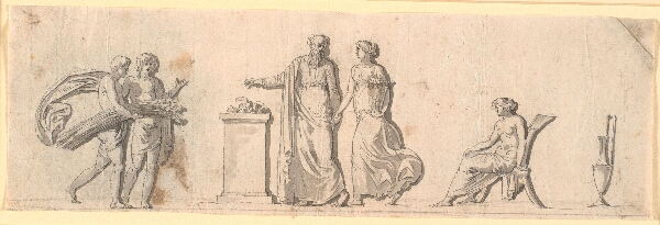 Nicolai Abildgaard, Udkast til dekoration af et felt, formodentlig en malet træplade på et møbel. Antikke figurer med blomsterkurve og neg ved et alter