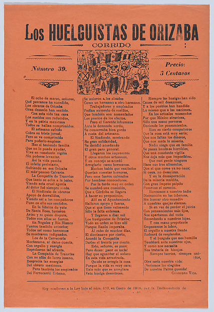 José Guadalupe Posada, Broadsheet relating to a worker's strike in Orizaba, workers holding up the Mexican flag, flanked by soldiers