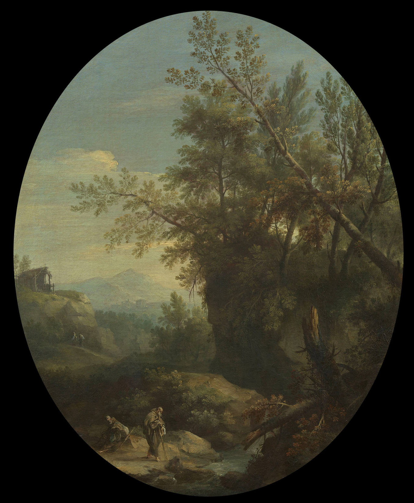 Giovanni Battista Cimaroli, A Rocky Wooded Landscape with Hermits