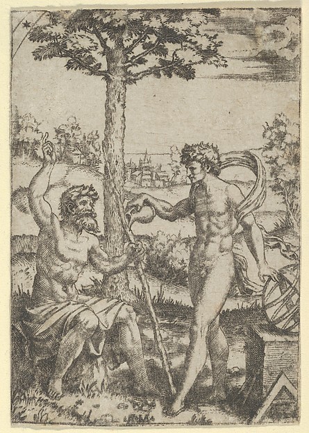 Marcantonio Raimondi, Seated old shepherd gesturing towards the sky and speaking to nude male surrounded by tools of measurement