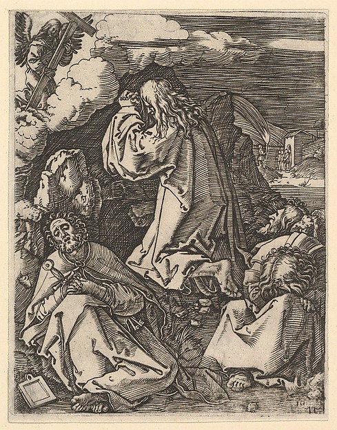 Marcantonio Raimondi, Christ praying on Mount of Olives; Roman soldiers entering through garden gate in far background, from "The Passion of Christ", after Dürer