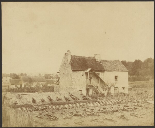 Roger Fenton, [View of Cottages and Gardens with Man at Top of Steps]