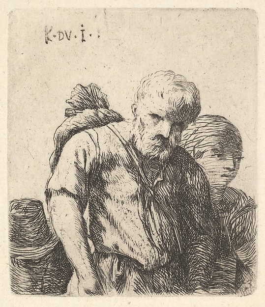 Karel Dujardin, Bearded man shown in half-length with bundle slung over right shoulderblade, flanked by a woman shown in half-length and a man wearing a tall hat in lower left corner