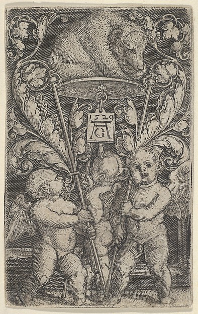 Heinrich Aldegrever, Vertical Panel with Three Winged Boys Carrying a Bear on a Tray