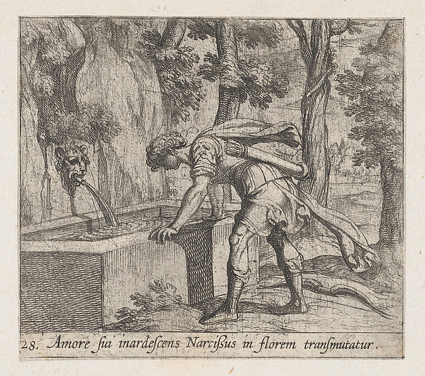 Antonio Tempesta, Plate 28: Narcissus at the Well (Amore fui inardescens Narcißus in florem transmutatur), from Ovid's 'Metamorphoses'