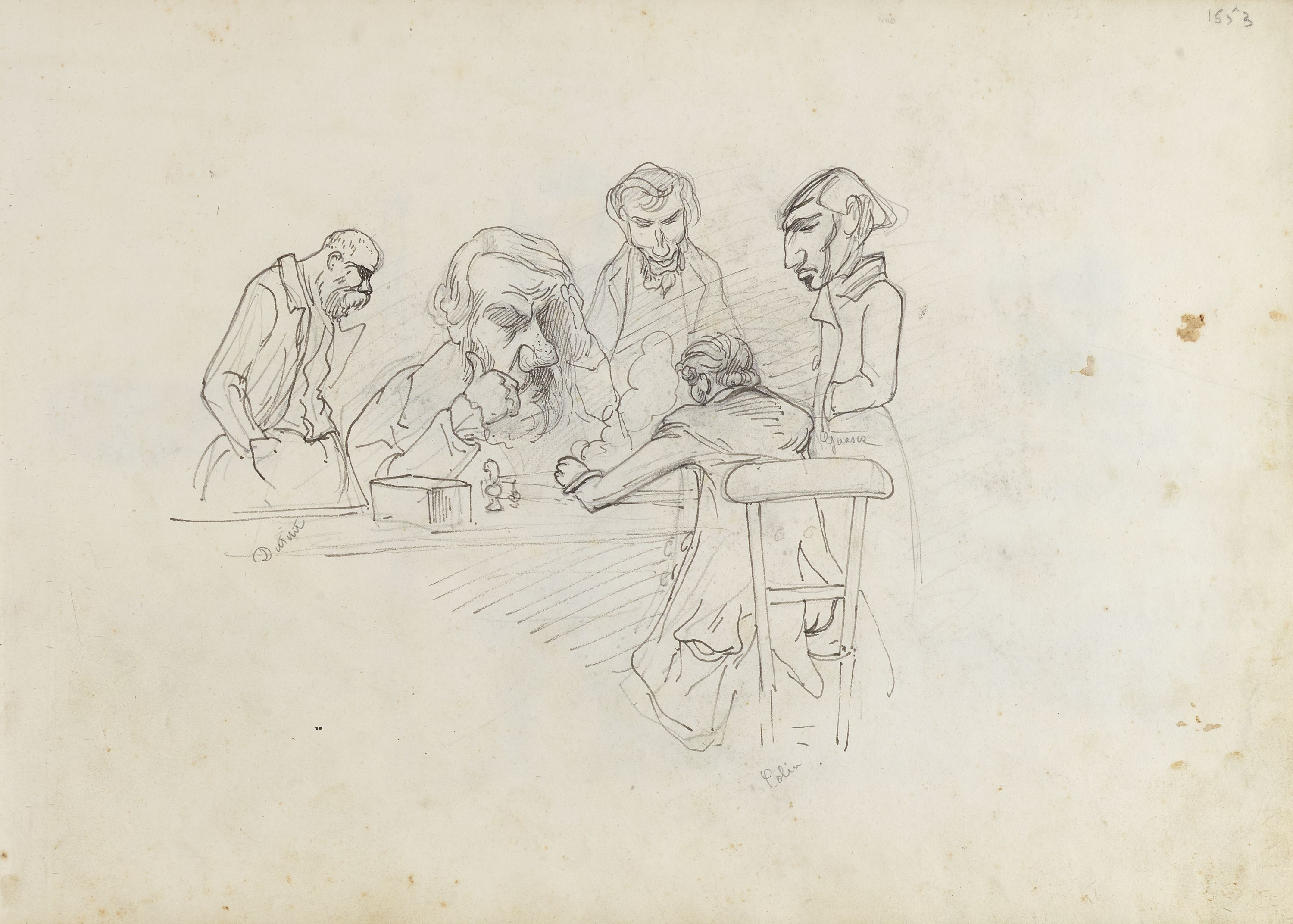 Anonyme, Différents portraits-charge d'hommes jouant aux échecs (Dutuit, Gustave-Henri Colin, Charles Fortuné Guasco) / Verso : Portrait-charge d'un homme très maigre