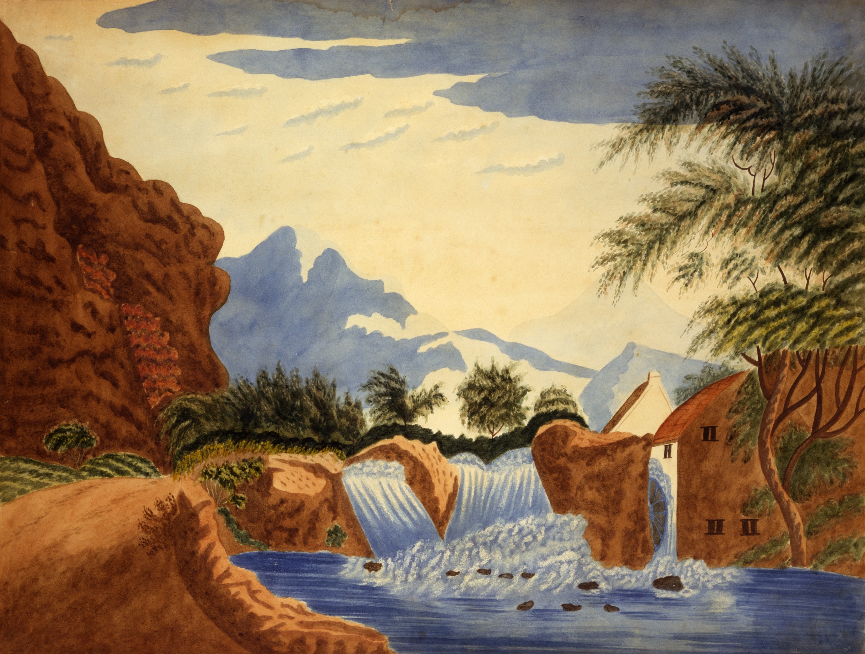 Unidentified, Mountain Scene and Waterwheel