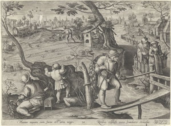 Galle, Philippe, (1537-1612), (printmaker), The hunting parties: Finch hunt with net