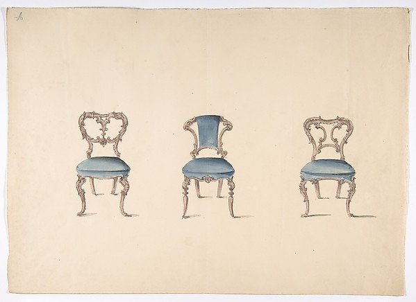 Anonymous, British, 19th century, Design for Three Chairs Upholstered in Blue