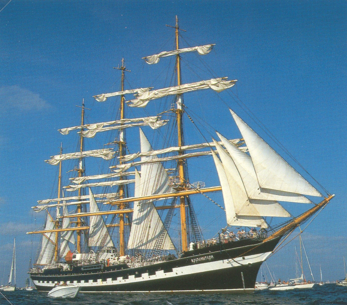 Unknown artist, Cutty Sark Tall ship`s races Göteborg 1997 Den fyrmastade barken Kruzenstern under fulla segel. Fartyget byggdes 1926 i Bremerhaven och seglade under namnet Padua fram till kriget på vetetraden Europa-Australien. hon ägdes då av Gustav Erikssons på Åland rederi och tillerkändes 1946 Sovjet som del …