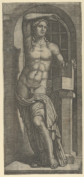 Marcantonio Raimondi, Apollo partly naked standing in a niche, left hand resting on an open box