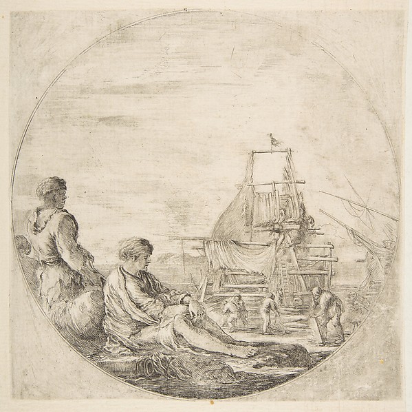 Stefano della Bella, A seated white sailor and a standing black sailor, people building a ship in the background, a circular composition
