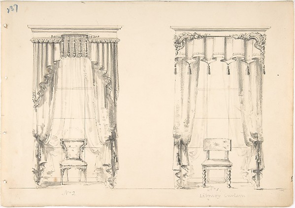 Anonymous, British, 19th century, Design for Two Tasseled Curtains, Shown with Chairs