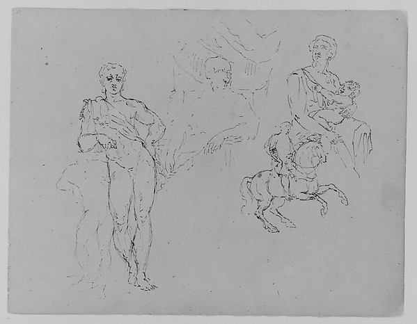 Thomas Sully, Unfinished Standing Classical Male Nude; Cardinal Bentivoglio after Van Dyke; Mother and Child; Equestrian Figure (from Sketchbook)