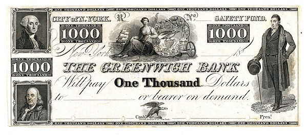 Asher Brown Durand, $1000 Bill for The Greenwich Bank, The City of New York
