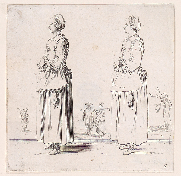 Jacques Callot, La Paysanne Tournée a Gauche, les Mains Appuyées l'Une sur l'Autre (The Peasant Woman Turned to the Left, One Hand Placed in the Other), plate 4 from "Varie Figure" (Various Figures)