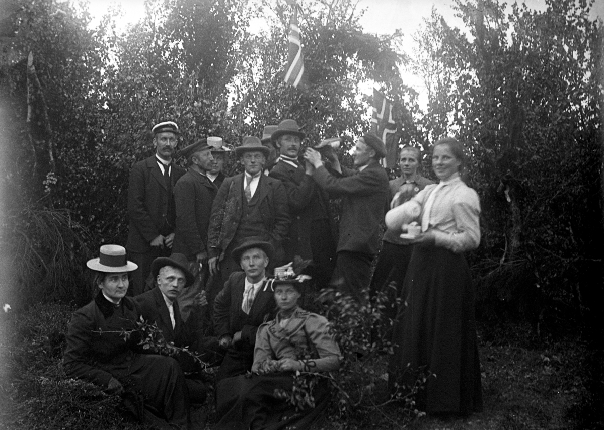 Johannes Larsen Alhaug, Ukjent gruppe mennesker i en skog. Norske flagg.