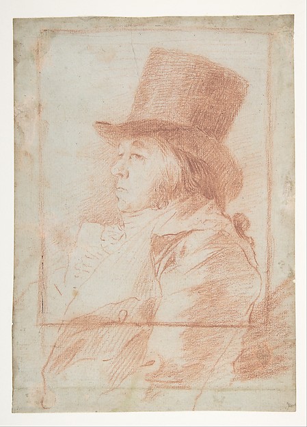 Goya (Francisco de Goya y Lucientes), Self-Portrait; wearing a top hat facing left within a drawn frame (recto); two studies of his face (verso)