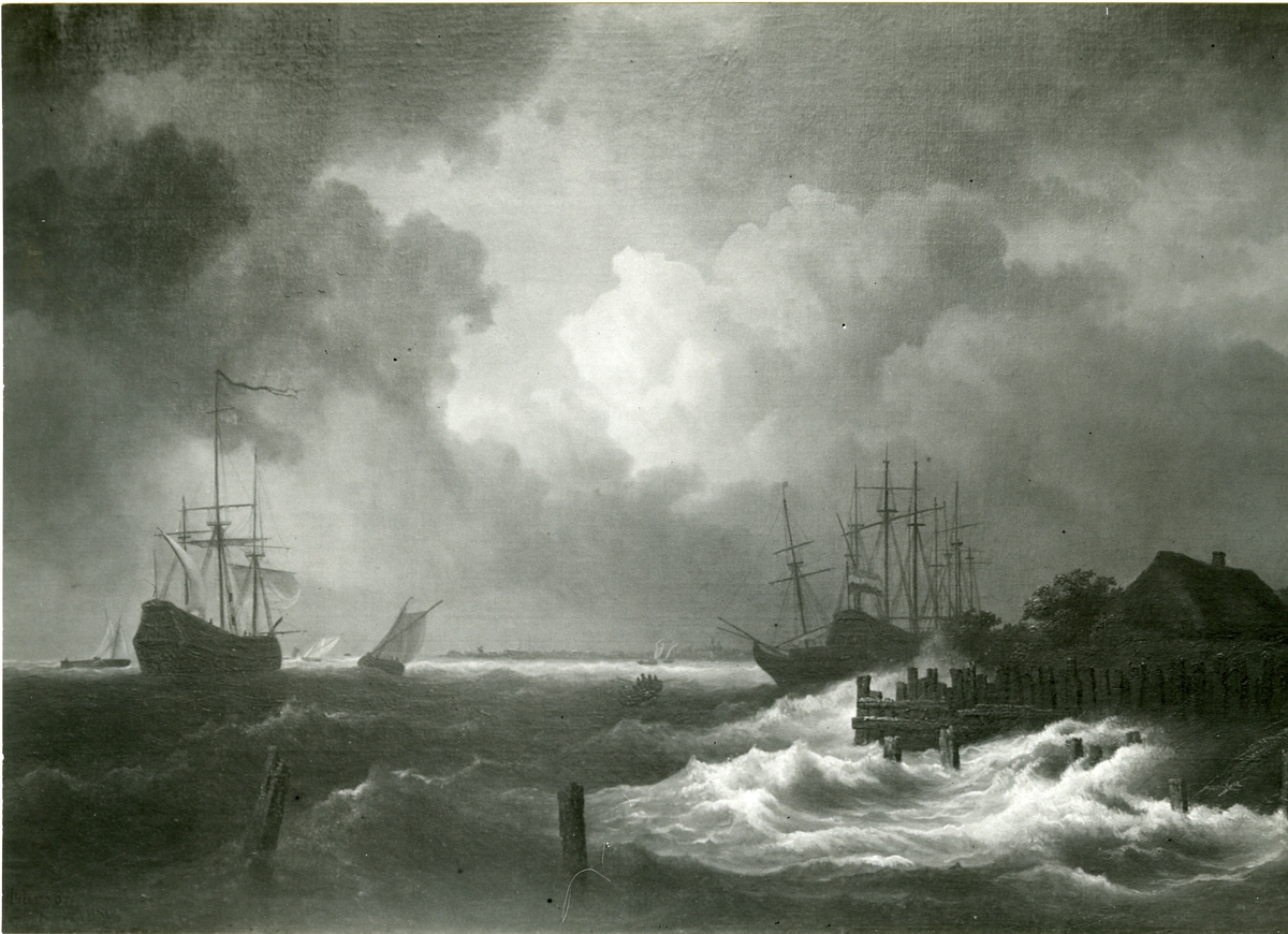 Okänd fotograf, Storm vid holländska kusten. Oljemålning 1856. Storlek 154 x 108 cm. Kopia efter Jacob van Riusdaels original i Louvre under namnet: Une tempéte sur le bord des digues de la Hollande. Konstnärens receptionsstycke i svenska Konstakademien, avlämnat 1858.