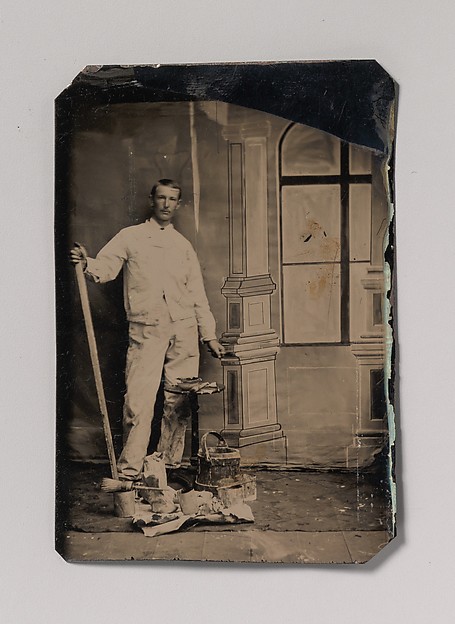 Unknown, [Painter, Standing in Front of a Painted Window Backdrop, with Brushes, Bucket, and Paint Cans]