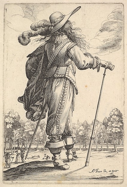 Abraham Bosse, A gentleman, seen from behind, walking towards the right with a cane and wearing a plumed hat, from "The Garden of the French Nobles In Which One Can Pick Up Their Way of Dressing"