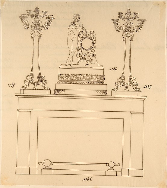 Anonymous, French, 19th century, Design for a Fireplace Iron, Mantle Candlesticks and a Clock