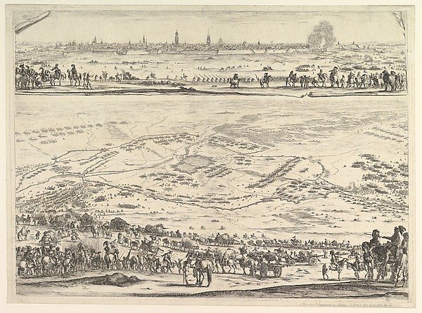 Stefano della Bella, Plan and view of the siege of Arras: lower part of the plate with a topographical view with troops in the foreground descending a hill, upper part of the plate with a view of the town