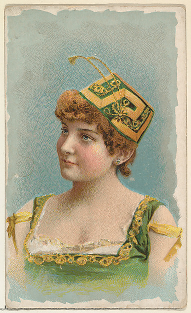 W. Duke, Sons & Co., Actress wearing green and yellow fez, from Stars of the Stage, First Series (N129) issued by W. Duke, Sons & Co. to promote Honest Long Cut Tobacco