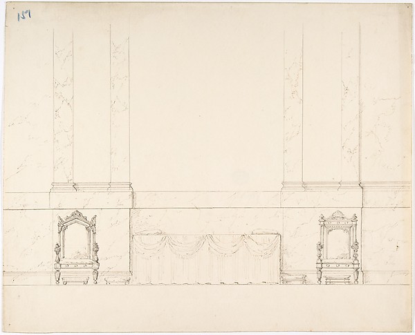 Anonymous, British, 19th century, Elevation of a Wall with Marble Pilasters, a Draped Table and Two Armchairs with Footstools