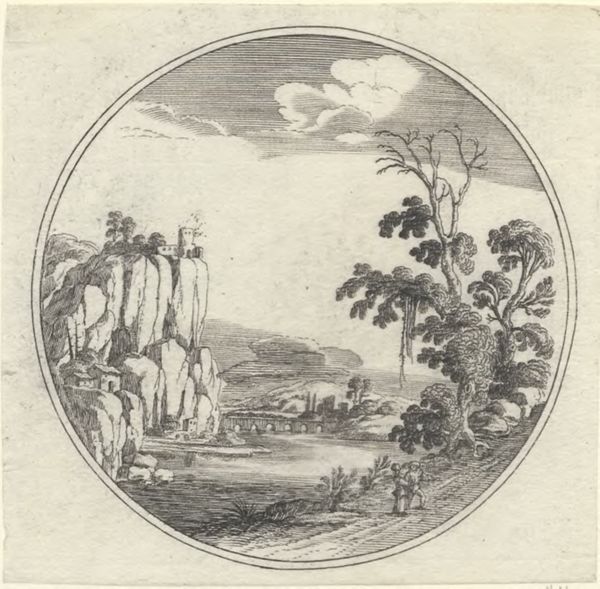 Hooch, Carel de, (1577?-1638), (printmaker), Landscapes in circles: Riverscape with cliffs and a bridge
