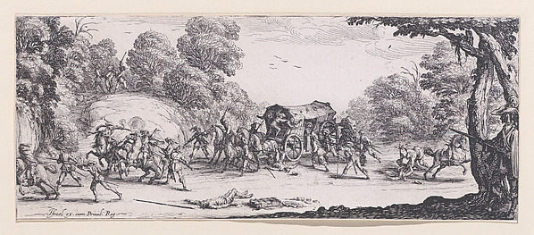 Jacques Callot, L'Attaque de la Diligence (The Attack of the Stagecoach), plate 8 from "Les Misères et les Mal-Heures de la Guerre" (The Miseries and Misfortunes of War)