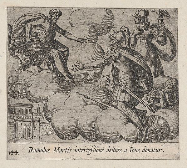 Antonio Tempesta, Plate 144: The Immortalization of Romulus (Romulus Martis interceßione deitate a Ioue domatur), from Ovid's 'Metamorphoses'