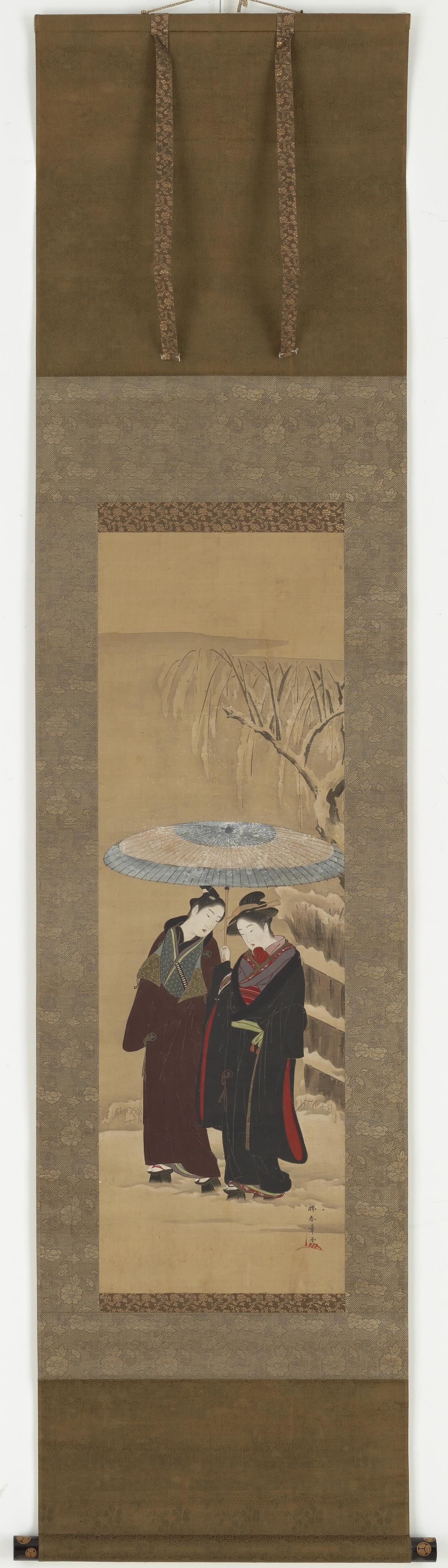 Katsukawa Shunsho, A girl and a man walking in the snow