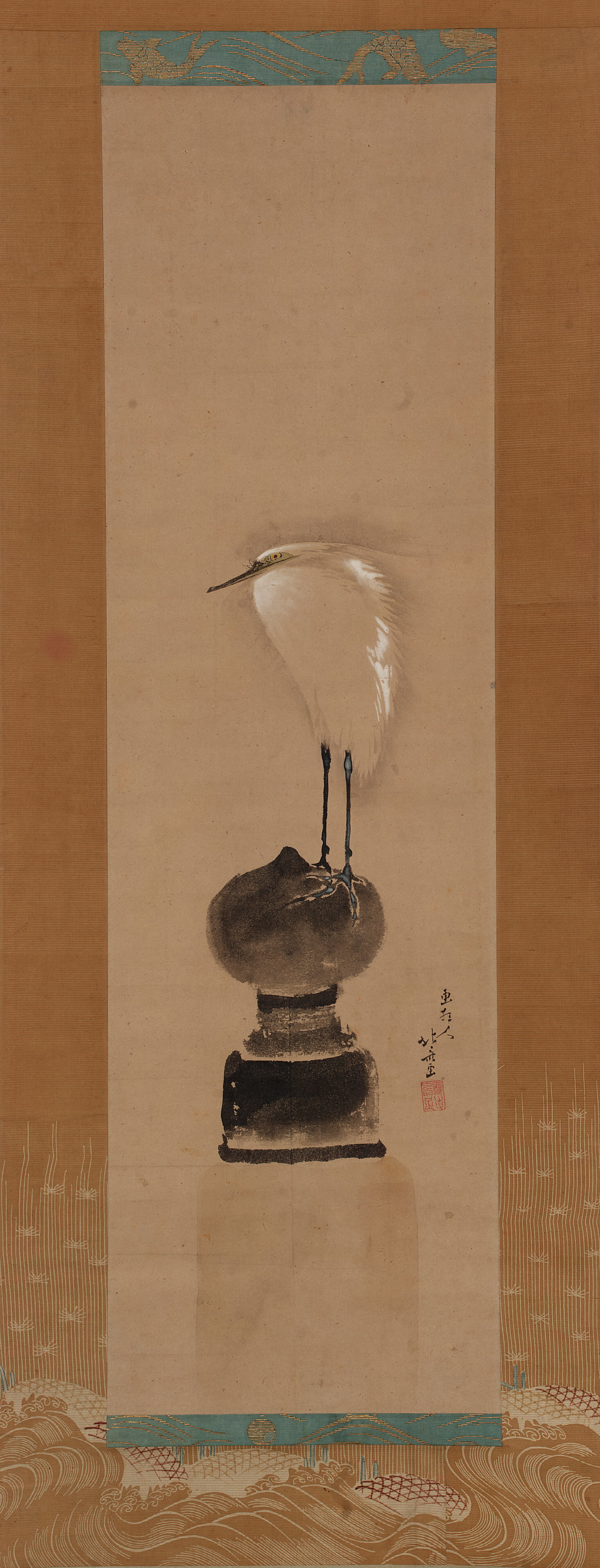 Katsushika Hokusai, Egret on a Bridge Post