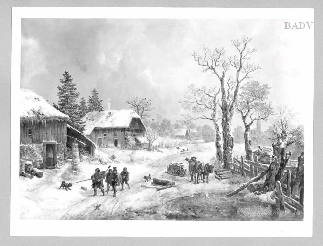 Heinrich Bürkel, Winter - scenery with farm - houses and group musicians