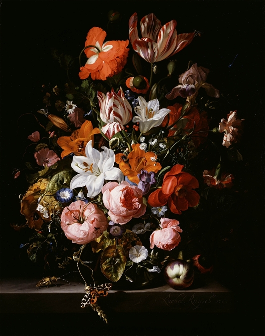 Rachel Ruysch, Flowers in a glass vase on a marble table