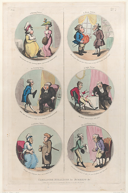 Thomas Rowlandson, Caricature Medallions for Screens &c: A Morning Visitor, An Evening Visitor, A Welcome Visitor, A Noon Visitor, A Night Visitor, An Unwelcome Visitor
