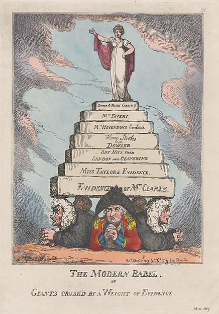 Thomas Rowlandson, The Modern Babel, or Giants Crushed by a Weight of Evidence