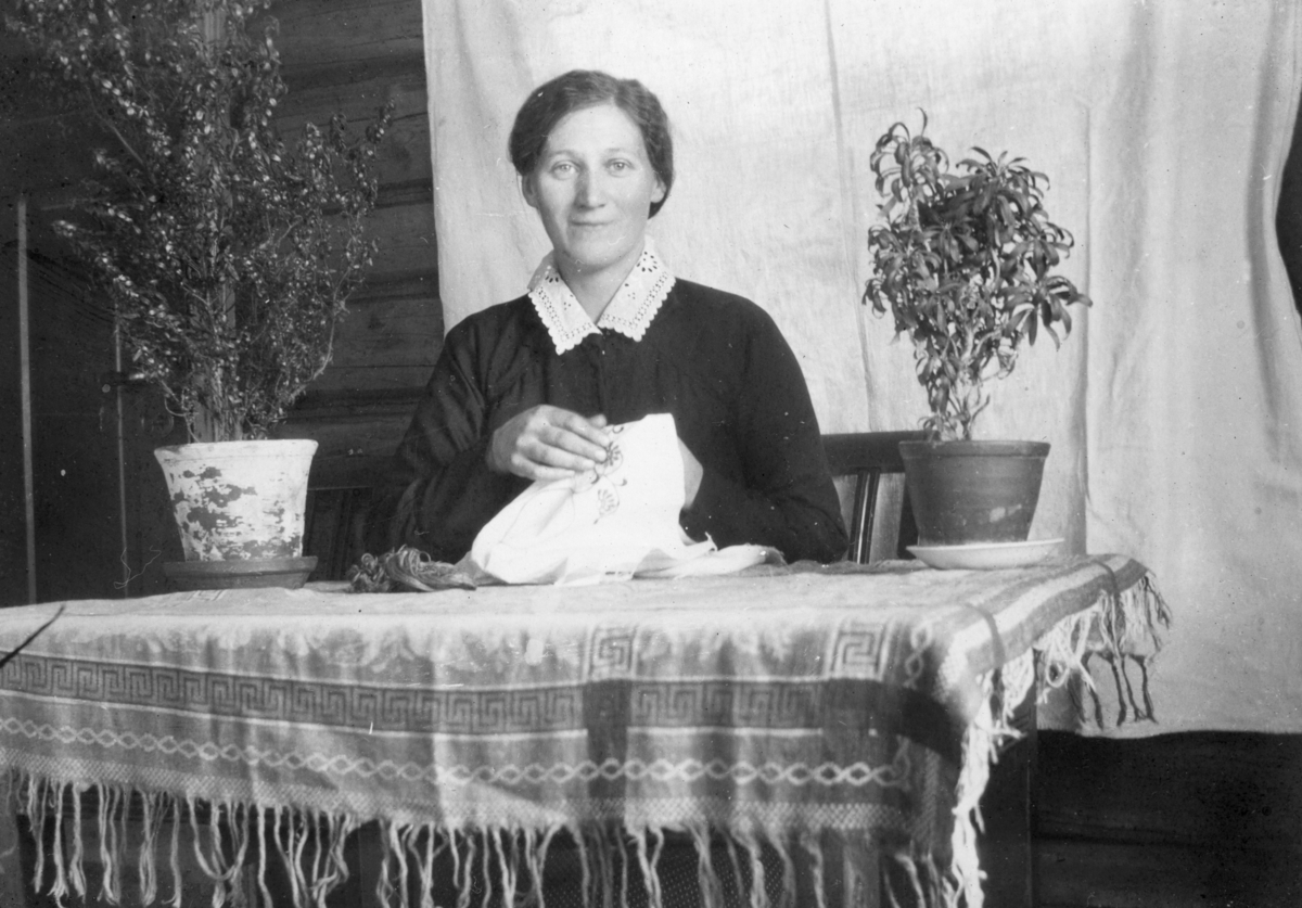 Ukjent, Høgset (59/1). Martha Tomter med håndarbeid. Brodering.