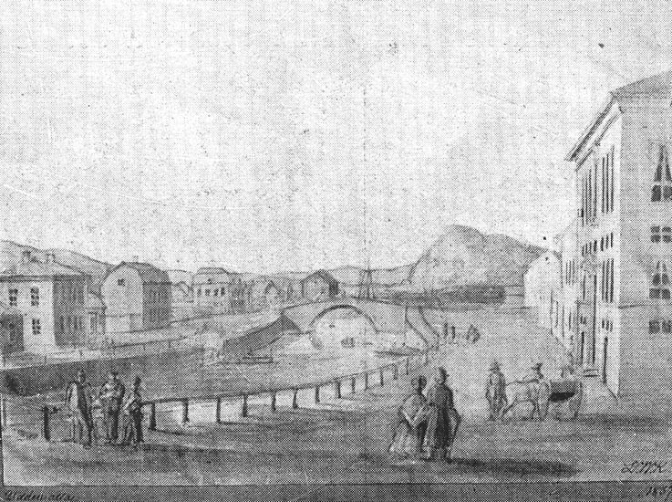 Sten A. Kristiansson, "Det gamla Uddevalla". Norra och Södra Hamngatan med Bäveån i mitten i Uddevalla.