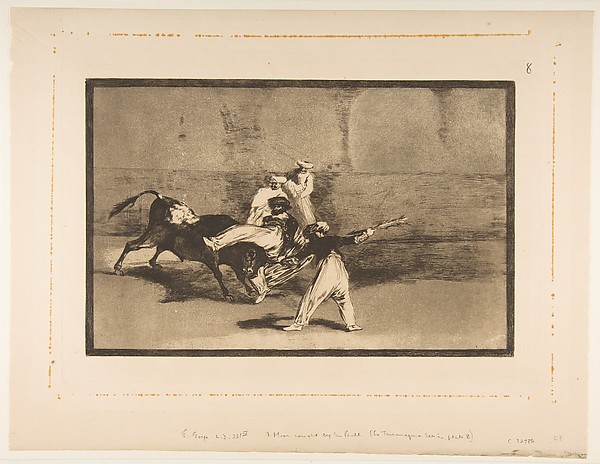Goya (Francisco de Goya y Lucientes), Plate 8 from "Tauromaquia": A moor caught by the bull in the ring