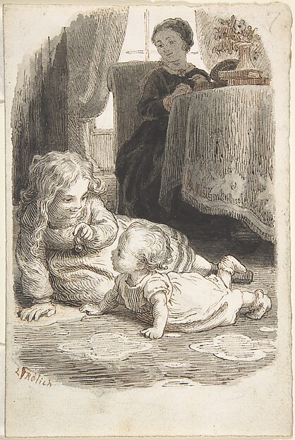Lorenz Frølich, Mother Watching Over Two Young Children Playing (recto); Baby in a Bassinet (verso)