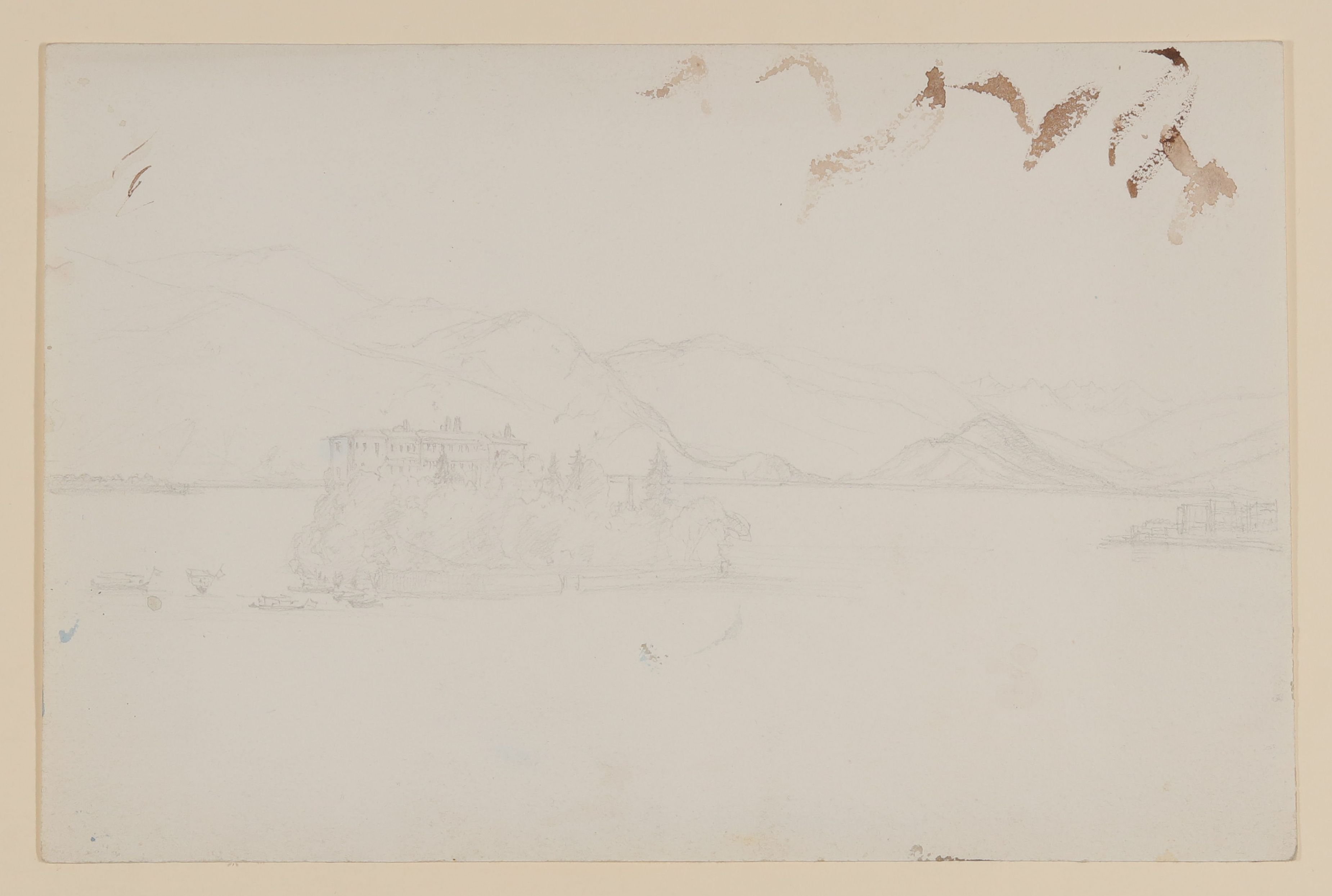 Maximiliane von Arnim, See vor Bergen, darin eine Insel mit Schloss [lose einliegendes Blatt aus Maximiliane von Arnims Skizzenbuch mit Motiven aus Wiepersdorf und Rügen]
