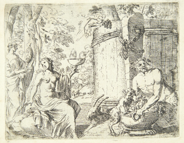 Herman van Swanevelt, To nymfer og en satyr siddende ved et vinanker