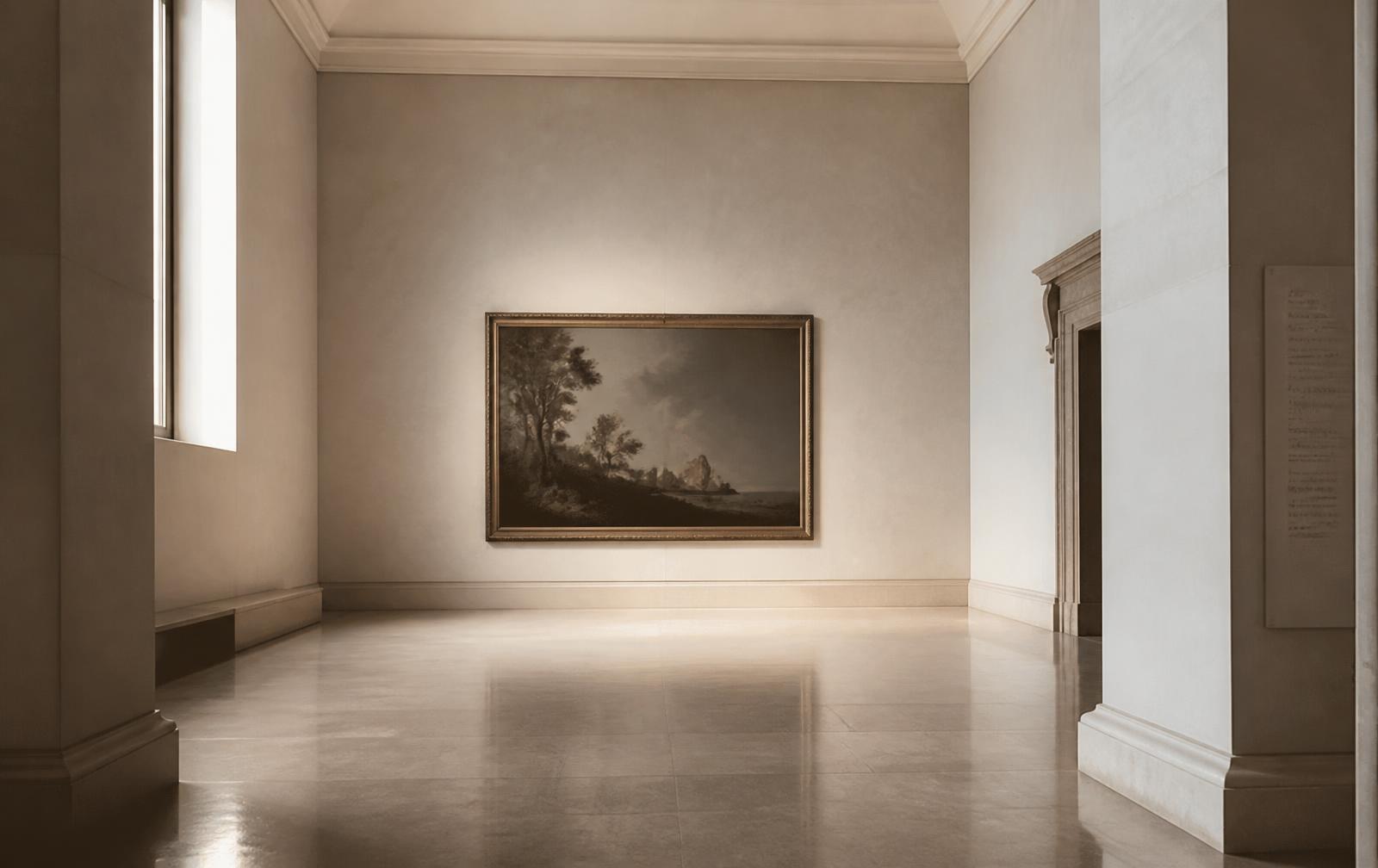 A quiet museum gallery with a single framed painting lit by daylight