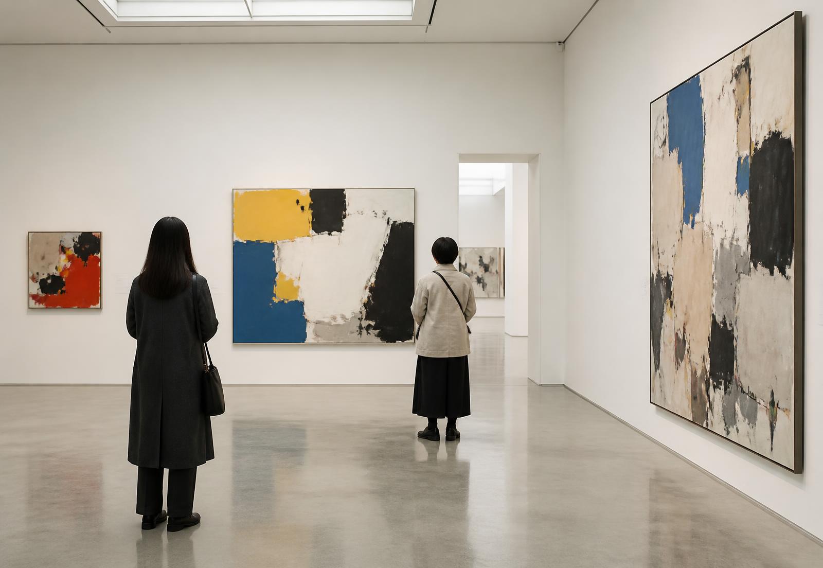 Visitors in a contemporary gallery space with paintings hung museum-style
