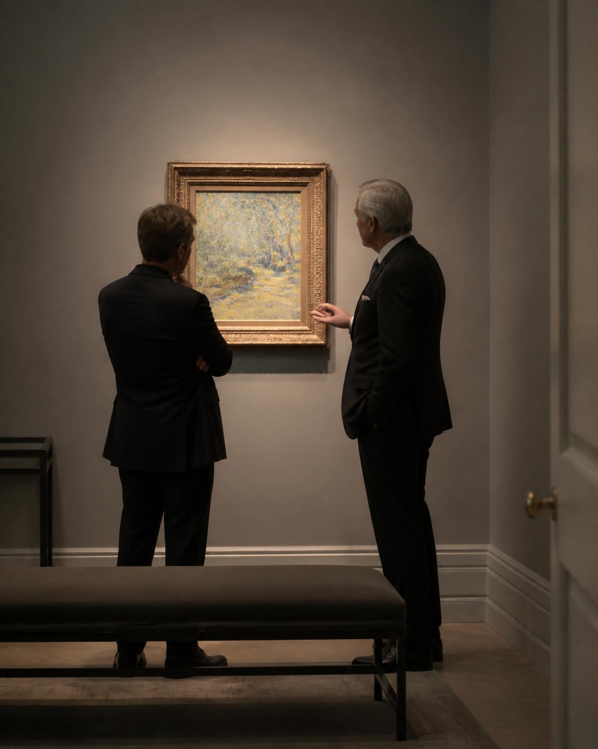 A gallerist showing a framed painting to a collector in a private viewing room